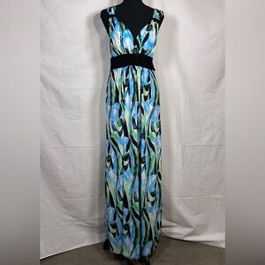 Sleeveless V-Neck Abstract Blue & Green Maxi Dress with Black Waistband